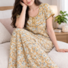 Floral Print Cotton Nighty with Piping Yoke Accent