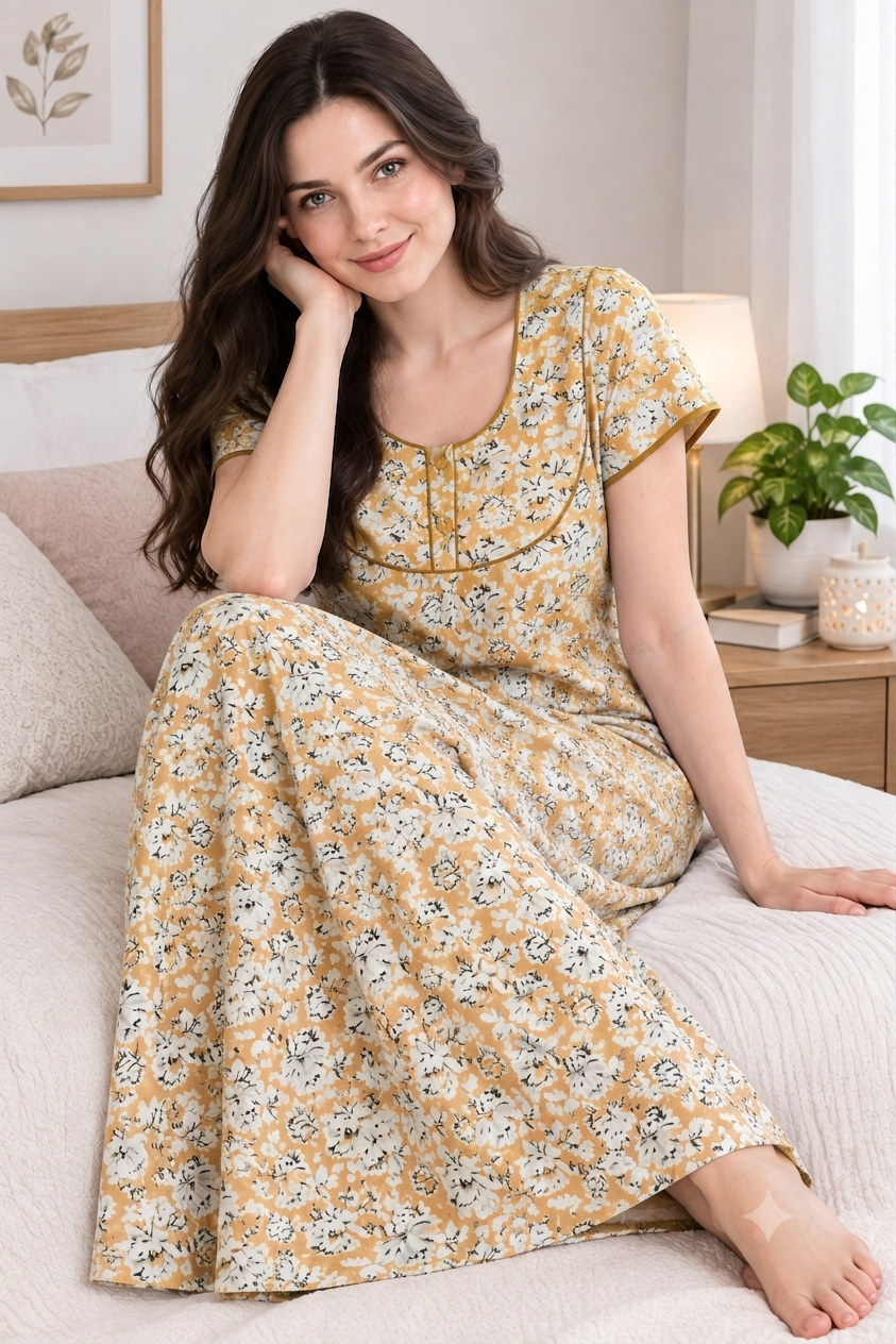 Floral Print Cotton Nighty with Piping Yoke Accent