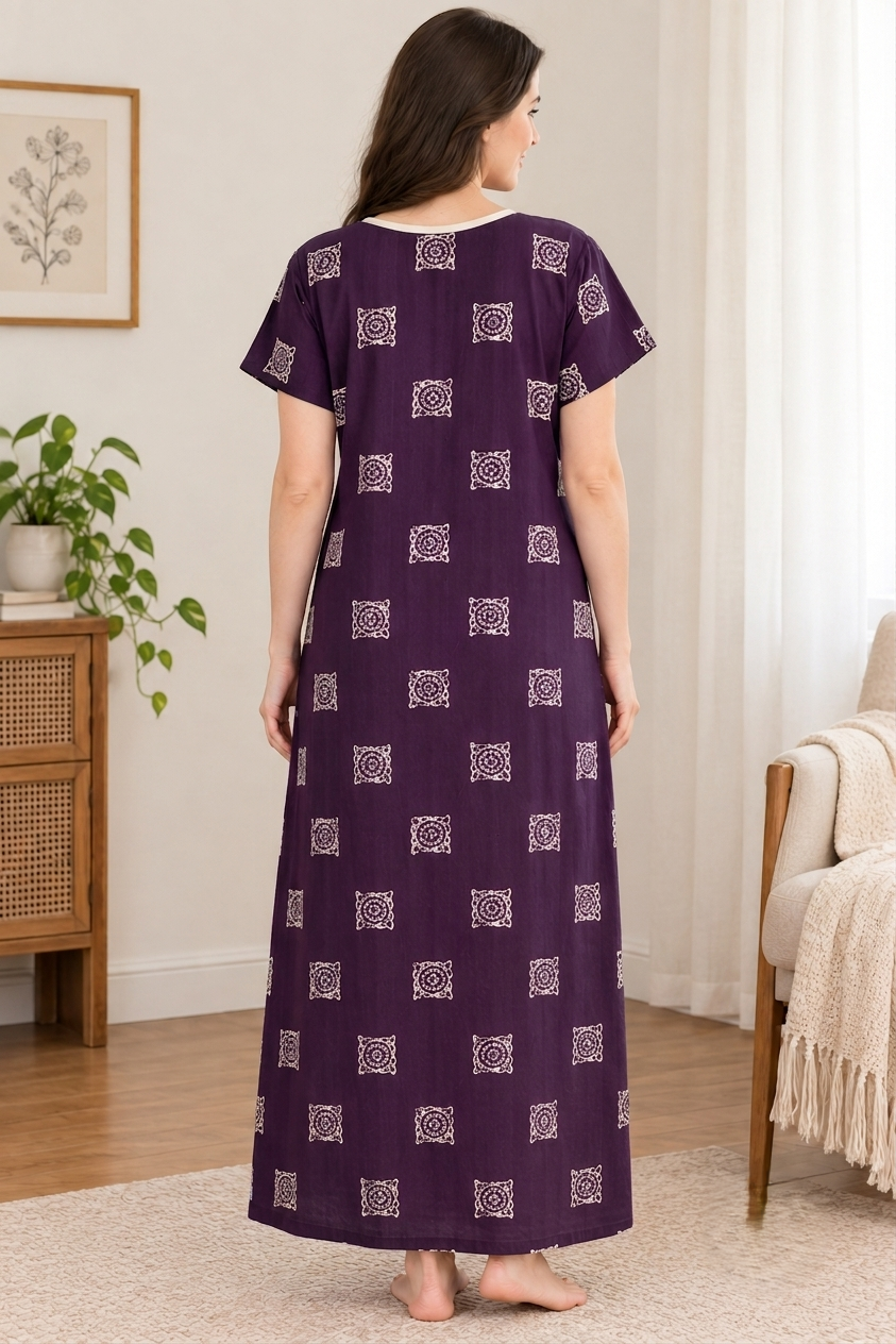 Geometric Printed Cotton Nighty with Embroidered Yoke