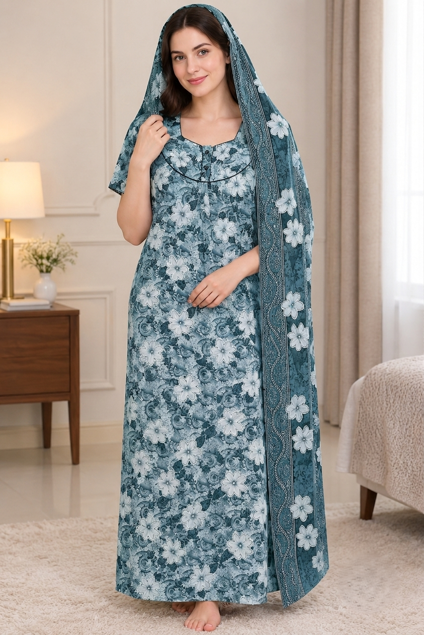 Gemini_Generated_Image_cv5pkocv5pkocv5p Floral Printed Cotton Nighty with Dupatta Set