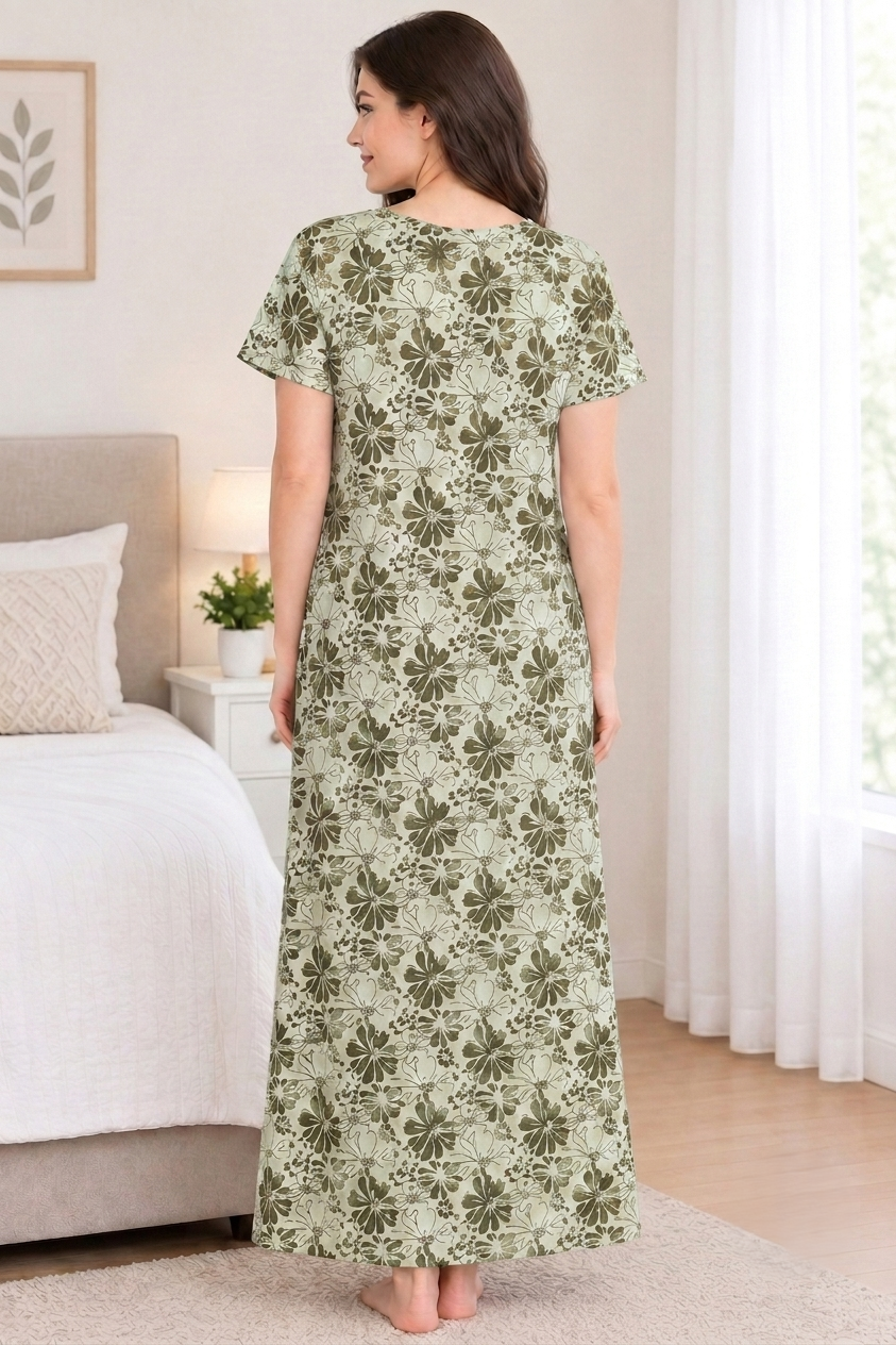 Floral Print Cotton Nighty with Side Pocket