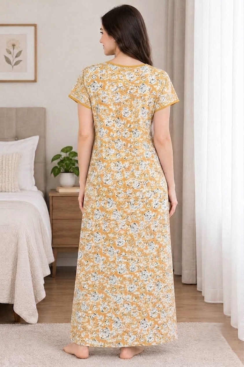 Floral Print Cotton Nighty with Piping Yoke Accent