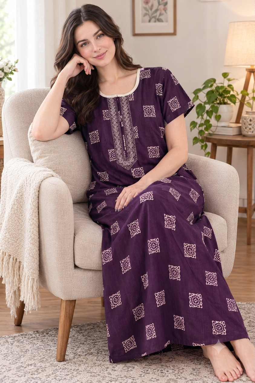 Geometric Printed Cotton Nighty with Embroidered Yoke