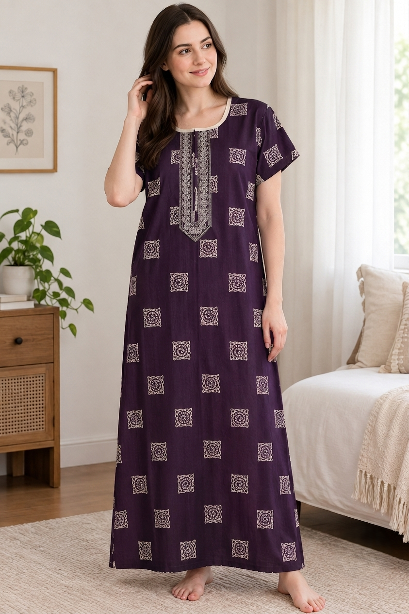 Geometric Printed Cotton Nighty with Embroidered Yoke