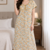 Floral Print Cotton Nighty with Piping Yoke Accent